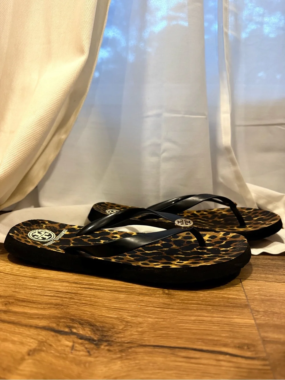 Tory Burch Leopard Print Flip Flop Sandals with Black Straps